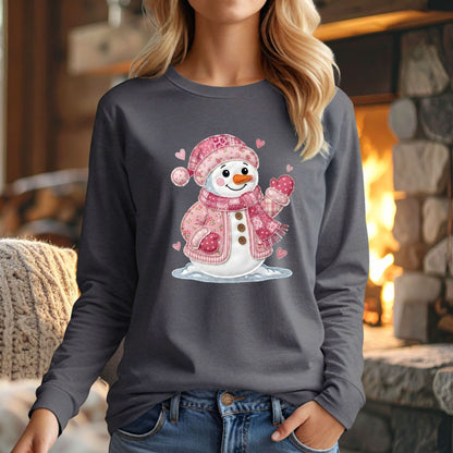 Pink Faux Patchwork Valentine's Snowman Long Sleeve Tee