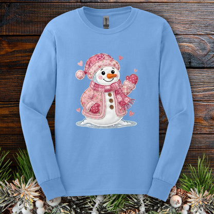 Pink Faux Patchwork Valentine's Snowman Long Sleeve Tee