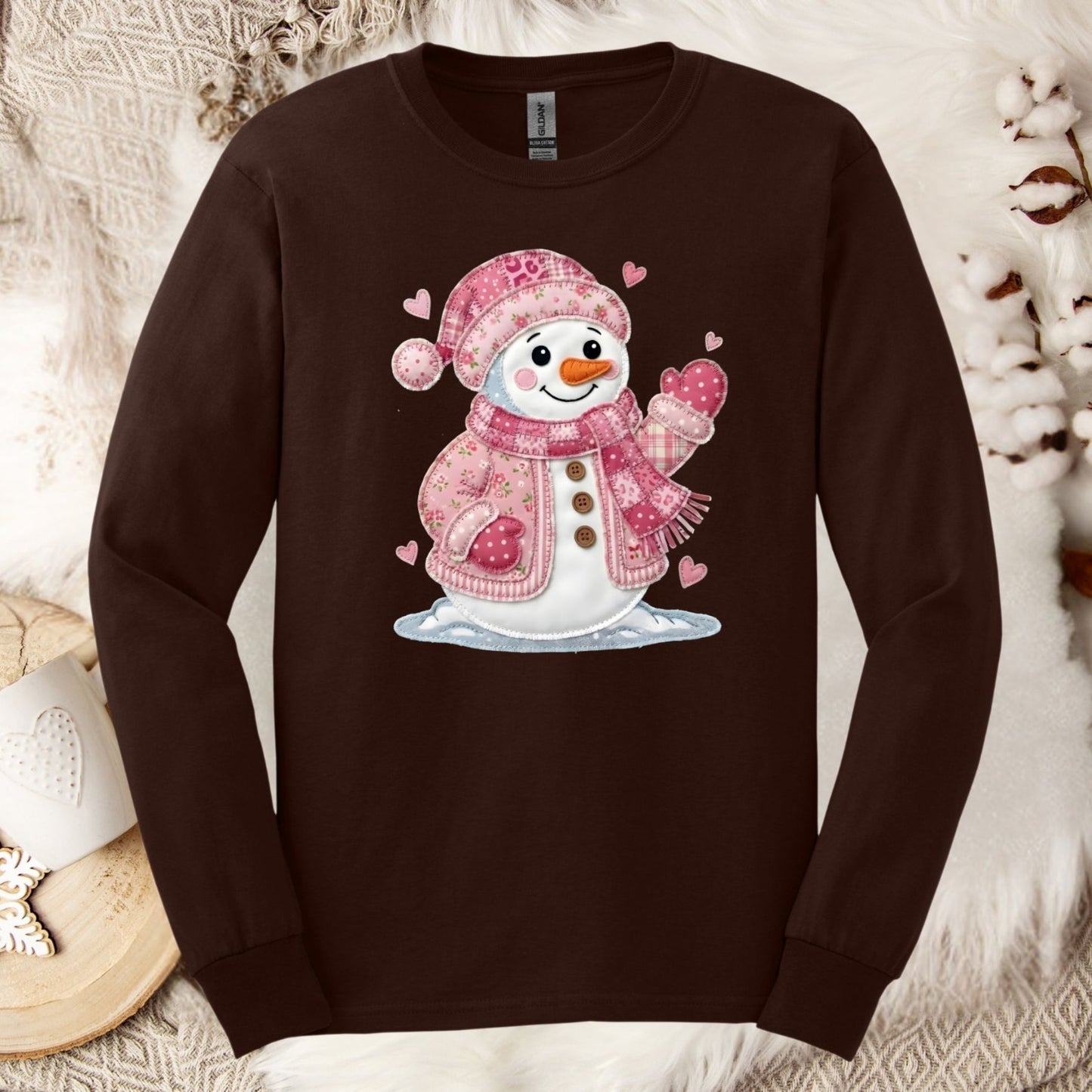 Pink Faux Patchwork Valentine's Snowman Long Sleeve Tee