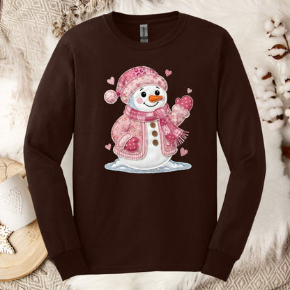 Pink Faux Patchwork Valentine's Snowman Long Sleeve Tee
