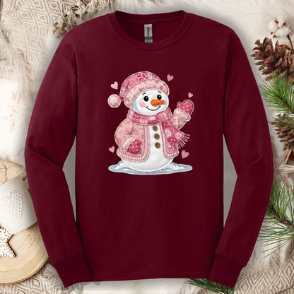 Pink Faux Patchwork Valentine's Snowman Long Sleeve Tee
