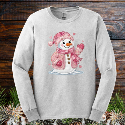 Pink Faux Patchwork Valentine's Snowman Long Sleeve Tee