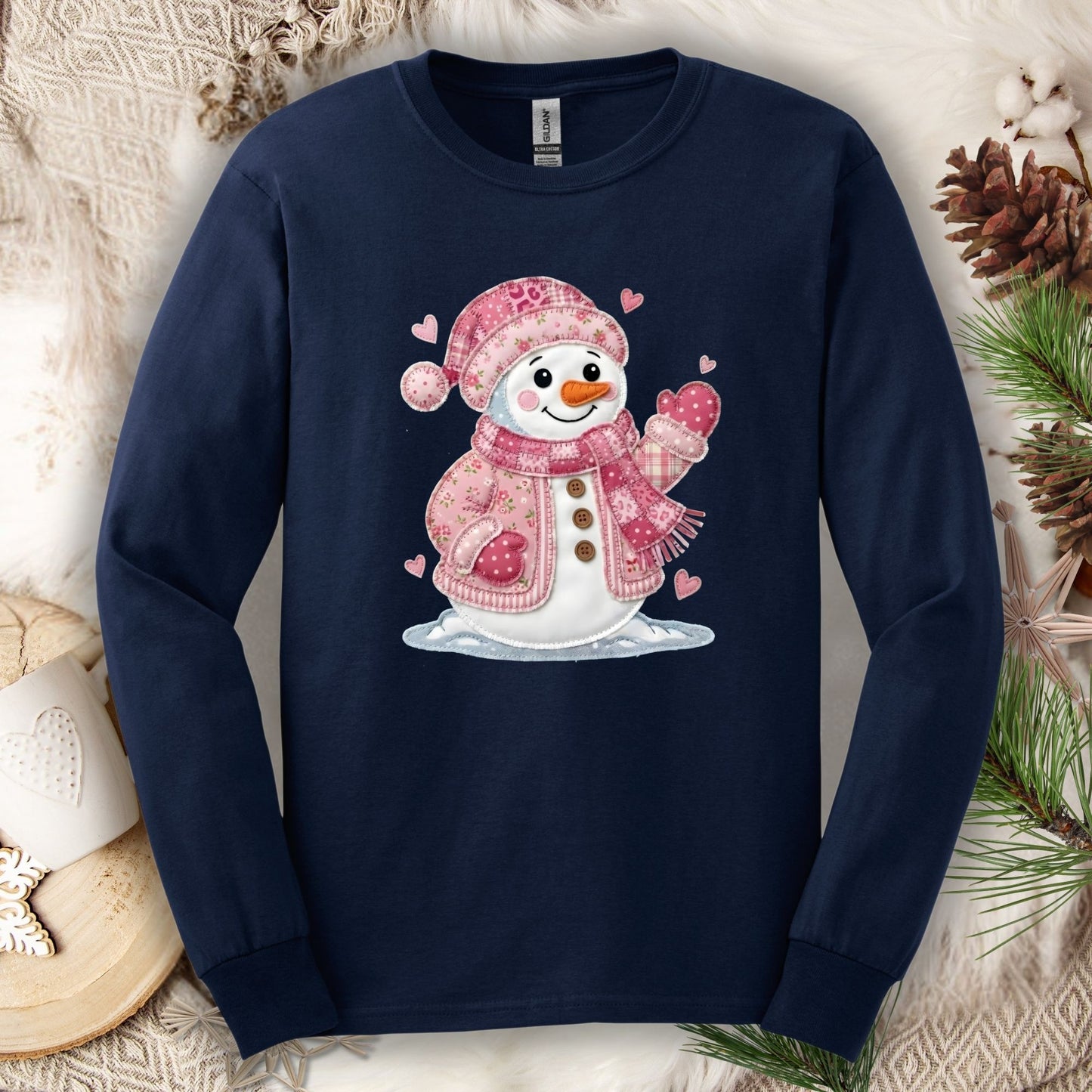 Pink Faux Patchwork Valentine's Snowman Long Sleeve Tee