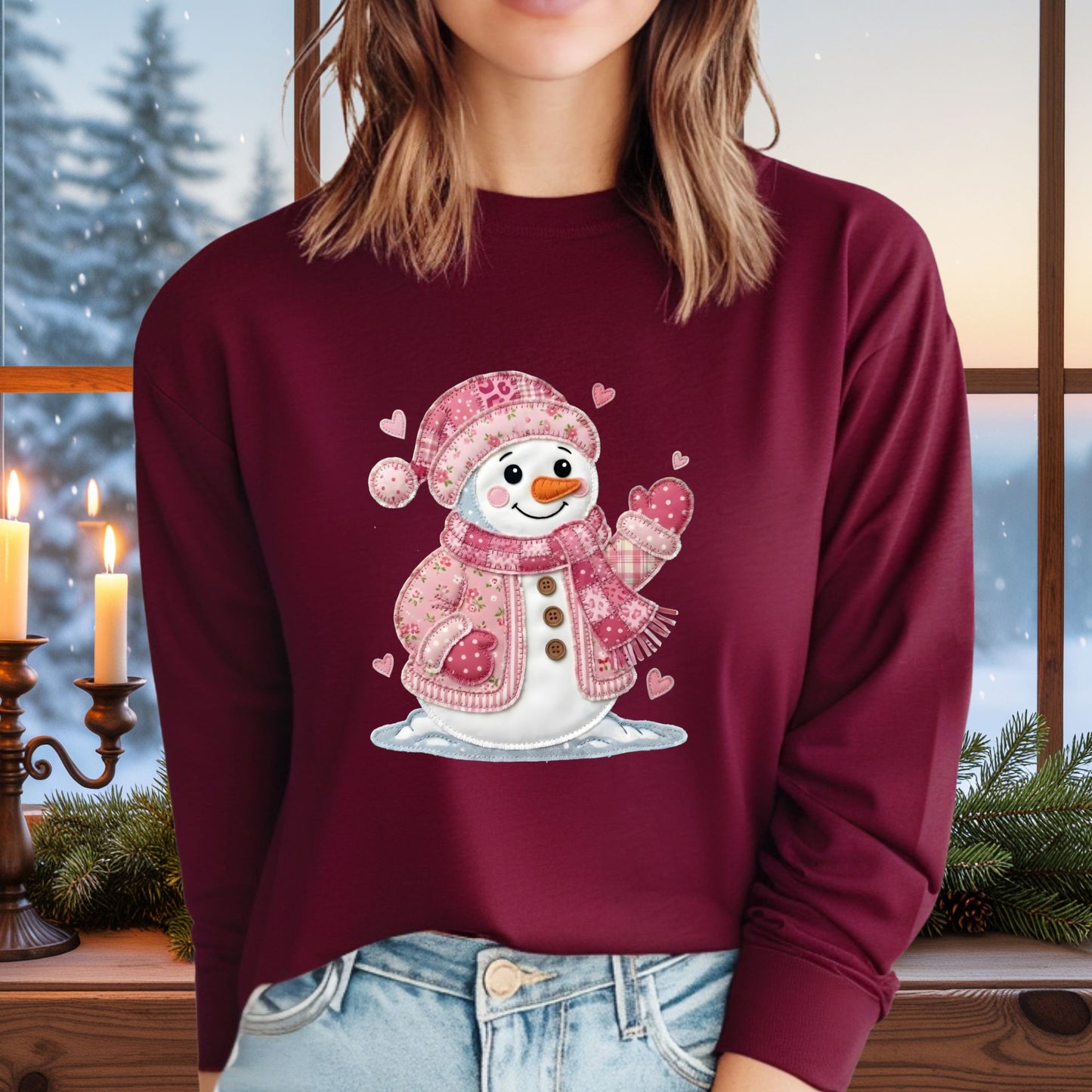 Pink Faux Patchwork Valentine's Snowman Long Sleeve Tee