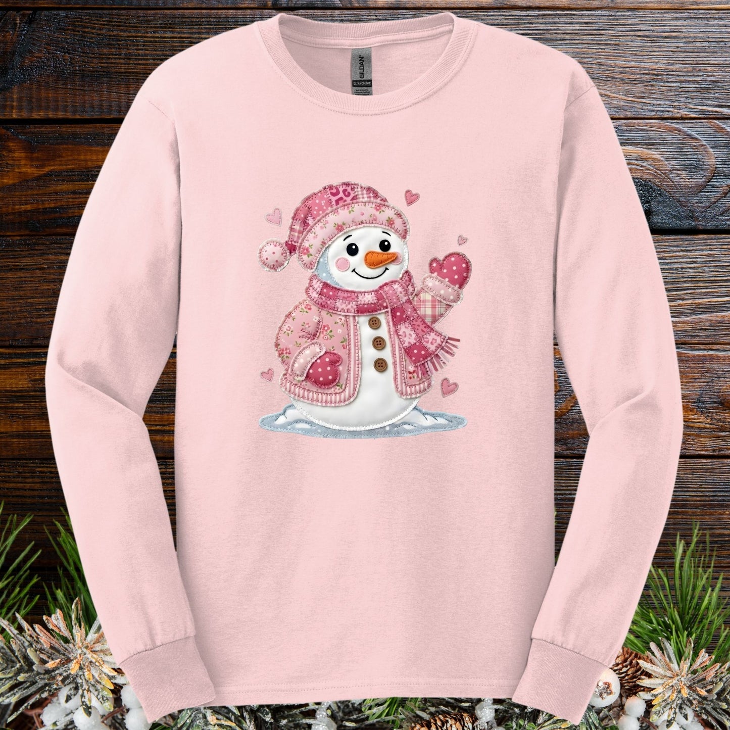 Pink Faux Patchwork Valentine's Snowman Long Sleeve Tee