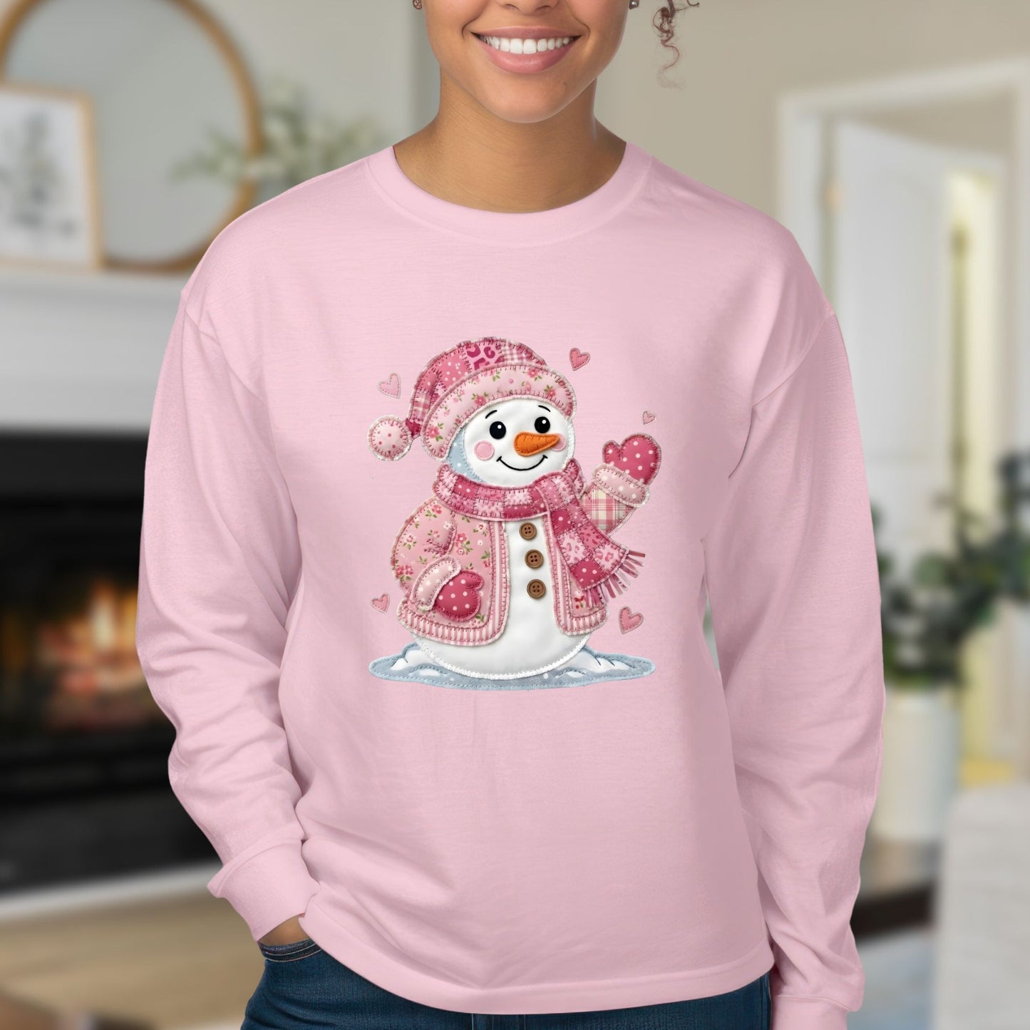 Pink Faux Patchwork Valentine's Snowman Long Sleeve Tee