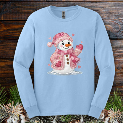 Pink Faux Patchwork Valentine's Snowman Long Sleeve Tee