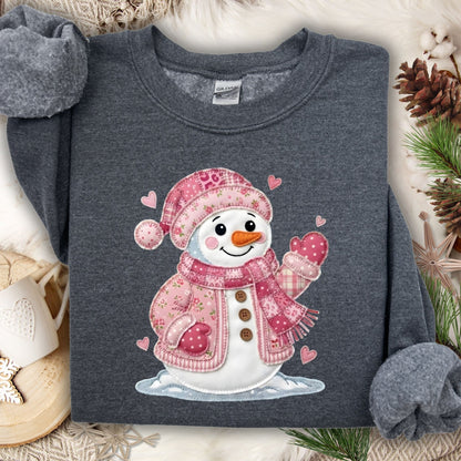 Dark Heather S sweatshirt with pink patchwork Valentine's snowman and hearts.