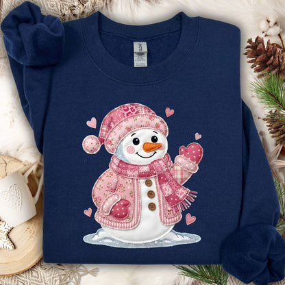 Navy S heavy blend sweatshirt with a pink patchwork Valentine's snowman and hearts.