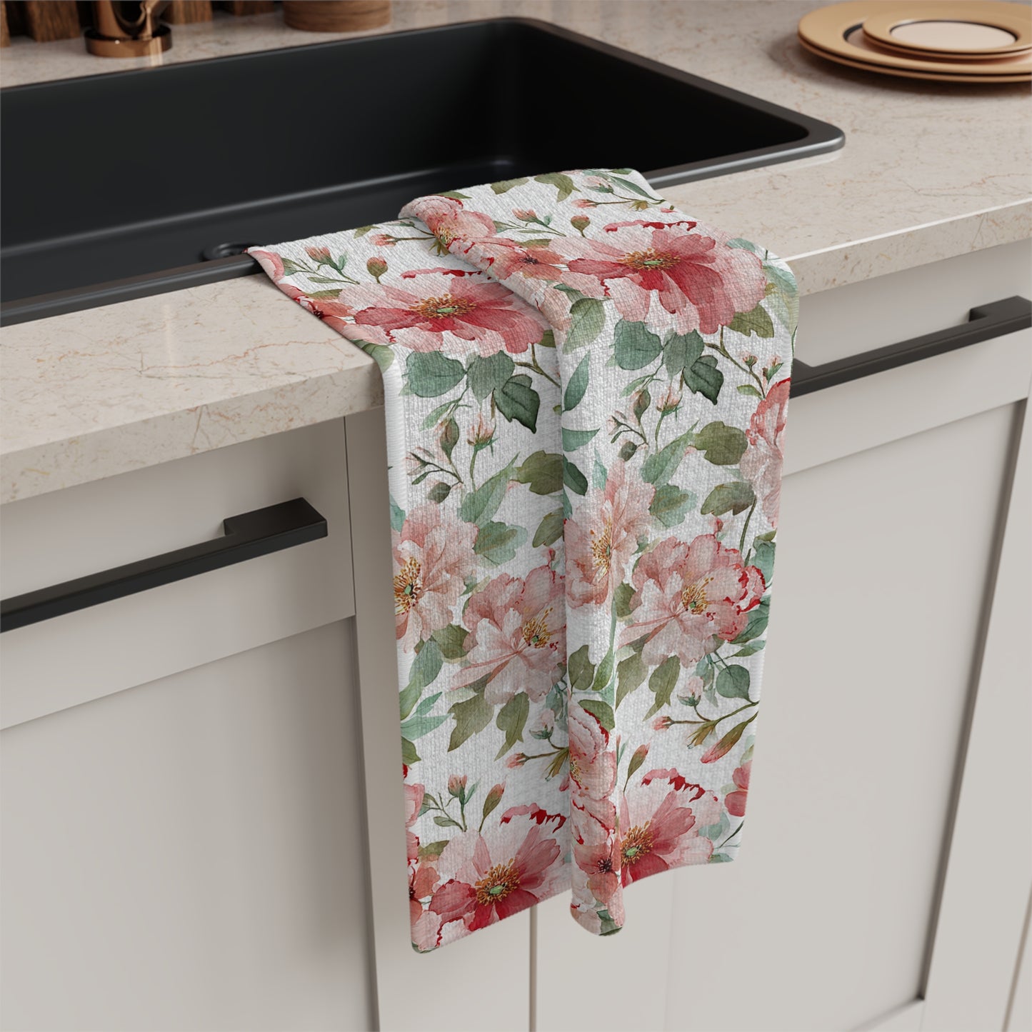 Pink Peony Floral Microfiber Tea Towel