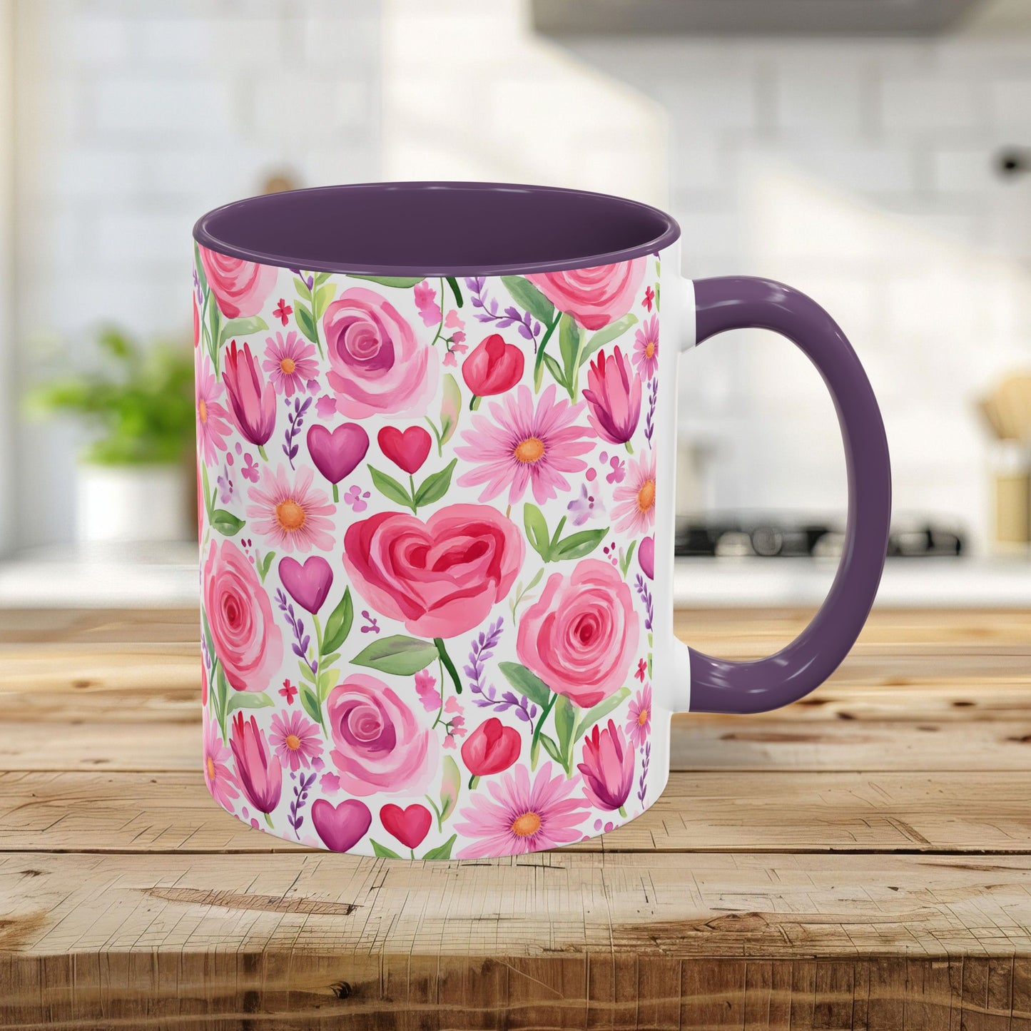 Ceramic 11oz mug with a purple interior and handle, featuring a watercolor print of pink roses, tulips, daisies, and hearts.