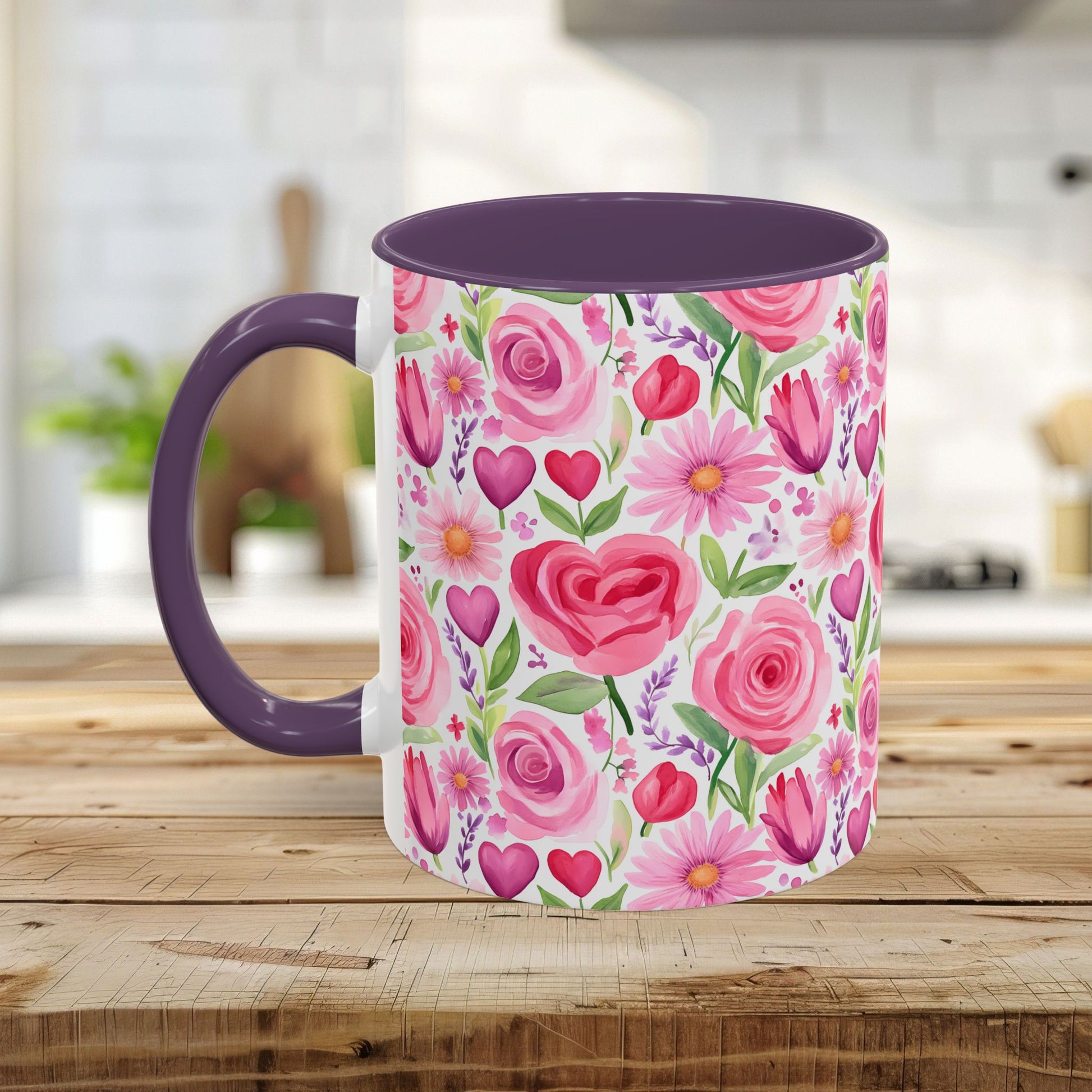 Ceramic mug with a vibrant watercolor print of pink roses, tulips, daisies, and hearts, featuring a purple interior and handle.