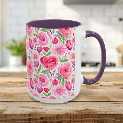 15oz ceramic mug with a purple interior and handle, featuring a watercolor print of pink roses, tulips, daisies, and hearts.