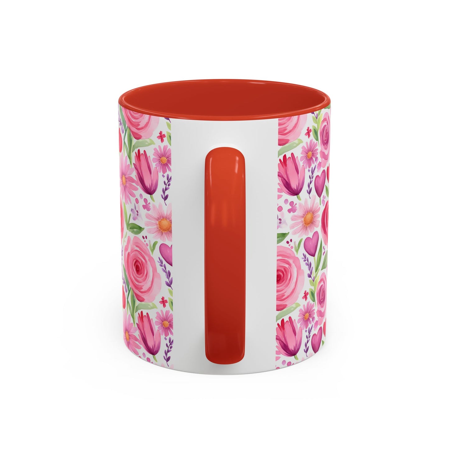 White ceramic mug with a vibrant watercolor floral pattern of pink roses, tulips, daisies, and hearts, featuring a red handle and interior.