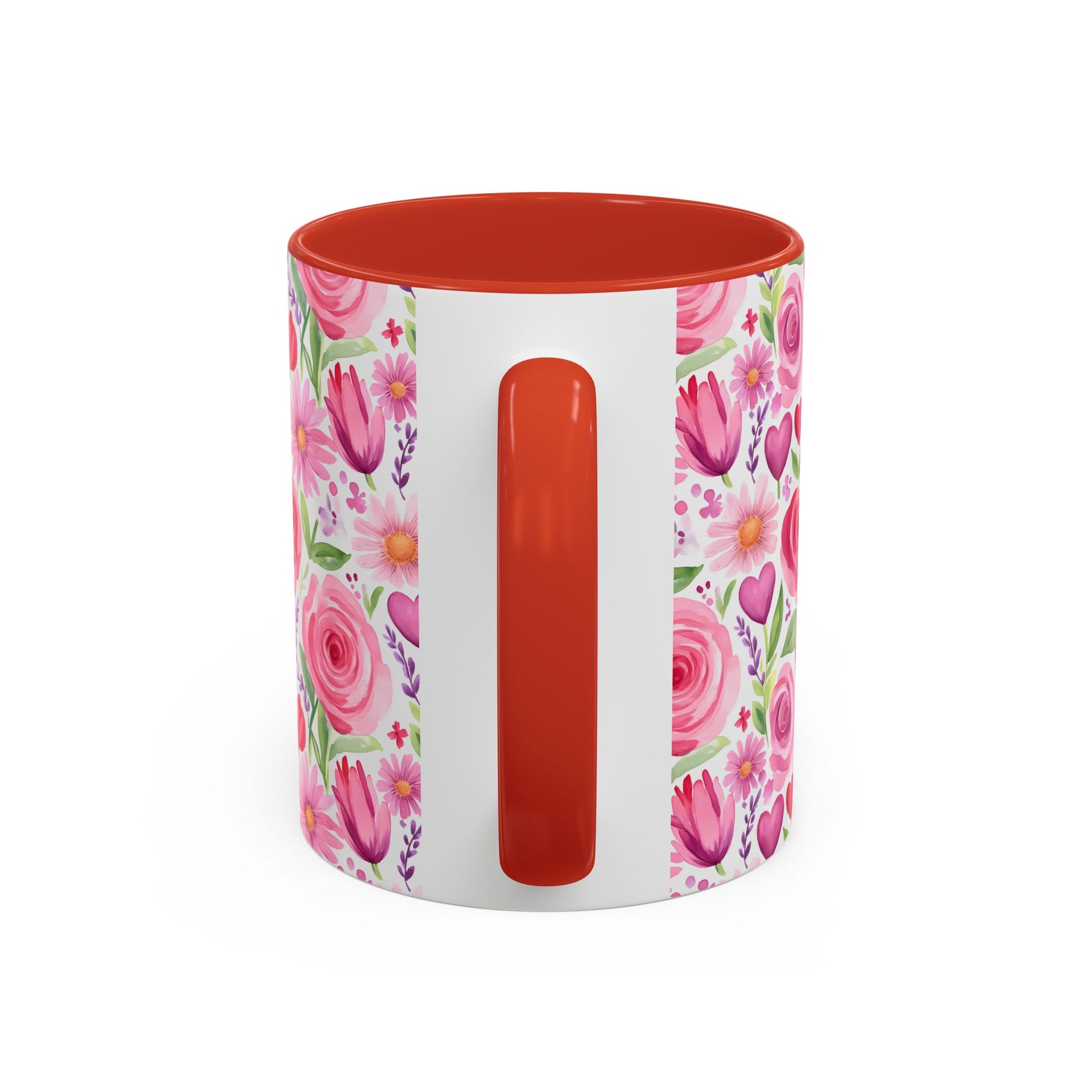 White ceramic mug with a vibrant watercolor floral pattern of pink roses, tulips, daisies, and hearts, featuring a red handle and interior.