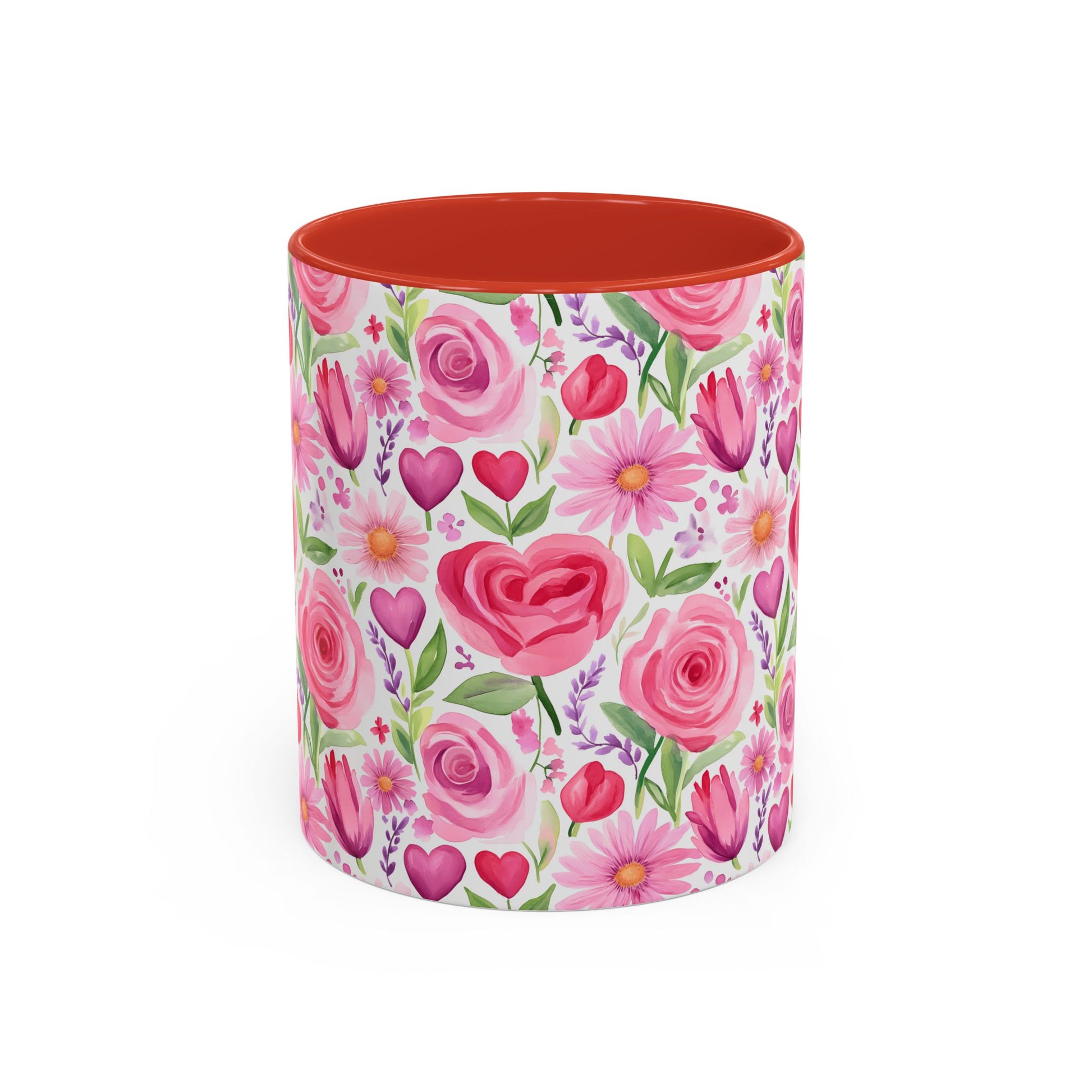 Pink ceramic mug with watercolor roses, tulips, daisies, and hearts, featuring a red interior.