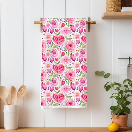 Pink rose & tulip heart microfiber kitchen towel, 16"x25", hanging on a wooden rack.