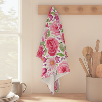 Pink rose & tulip heart microfiber kitchen towel with watercolor floral print, hanging on a wooden hook.