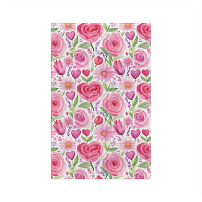 Pink rose, tulip, and heart watercolor floral microfiber kitchen towel with vibrant one-sided print.