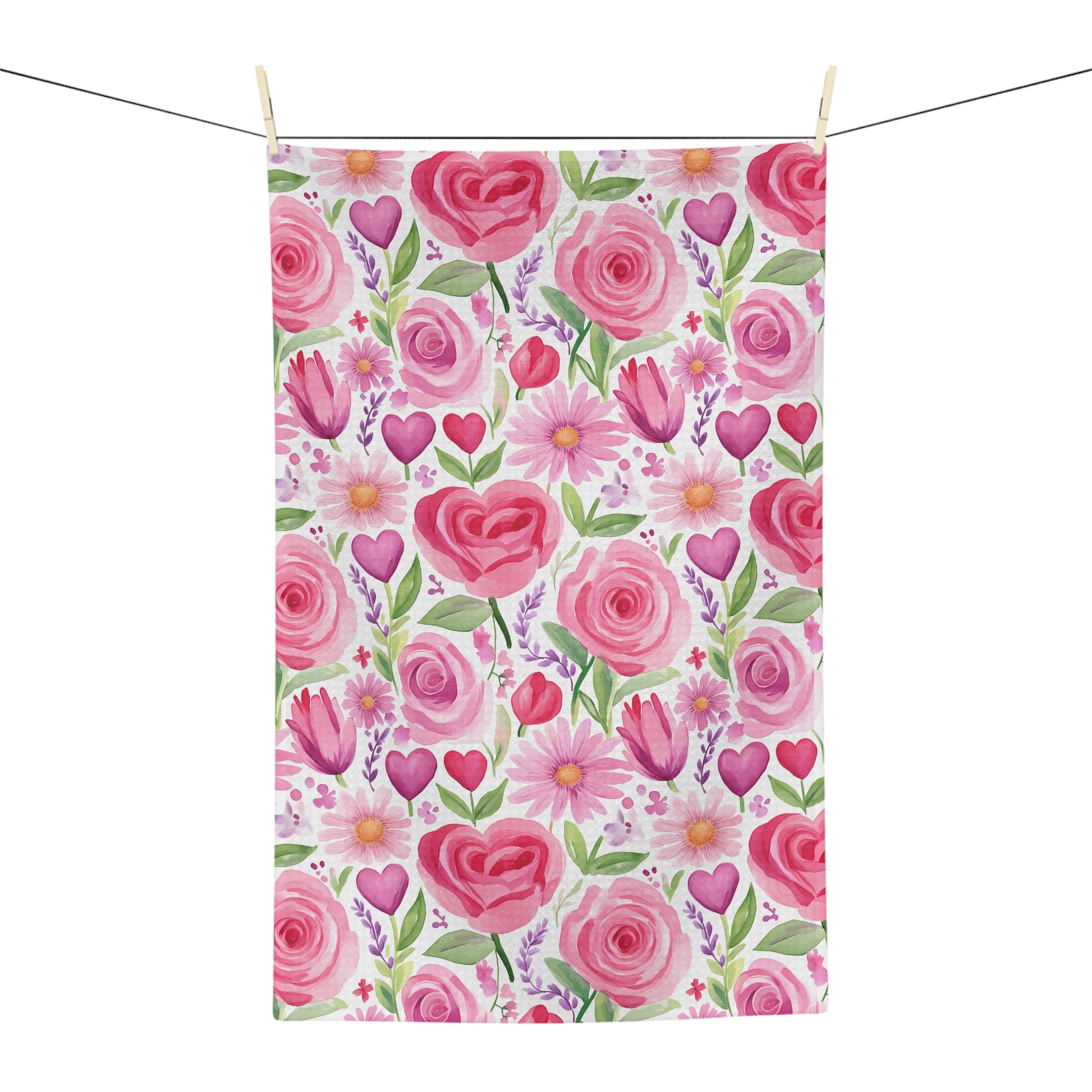Pink rose, tulip, and heart watercolor microfiber kitchen towel, 16"x25", hanging on a clothesline.