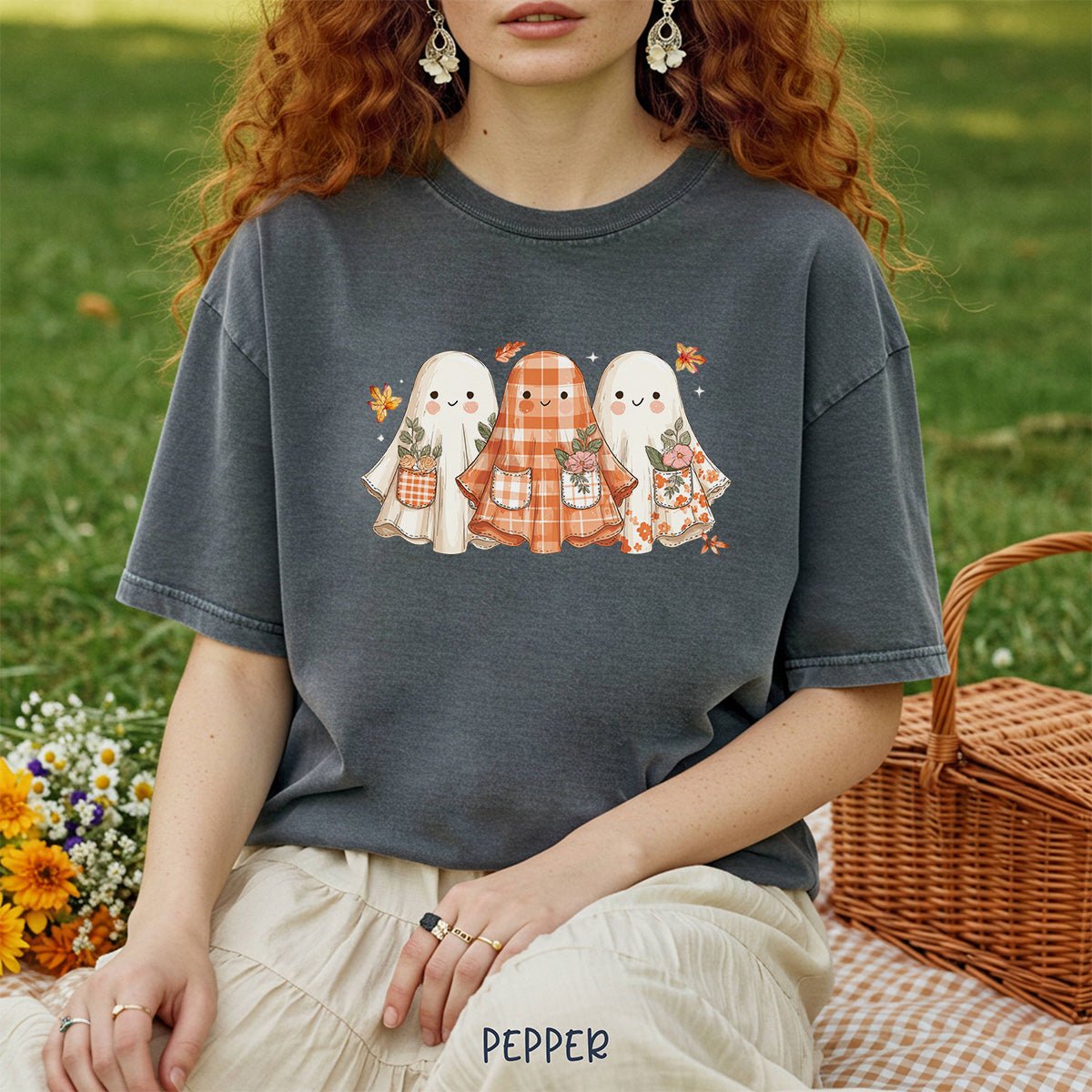 Plaid & Floral Halloween Ghosts T-Shirt