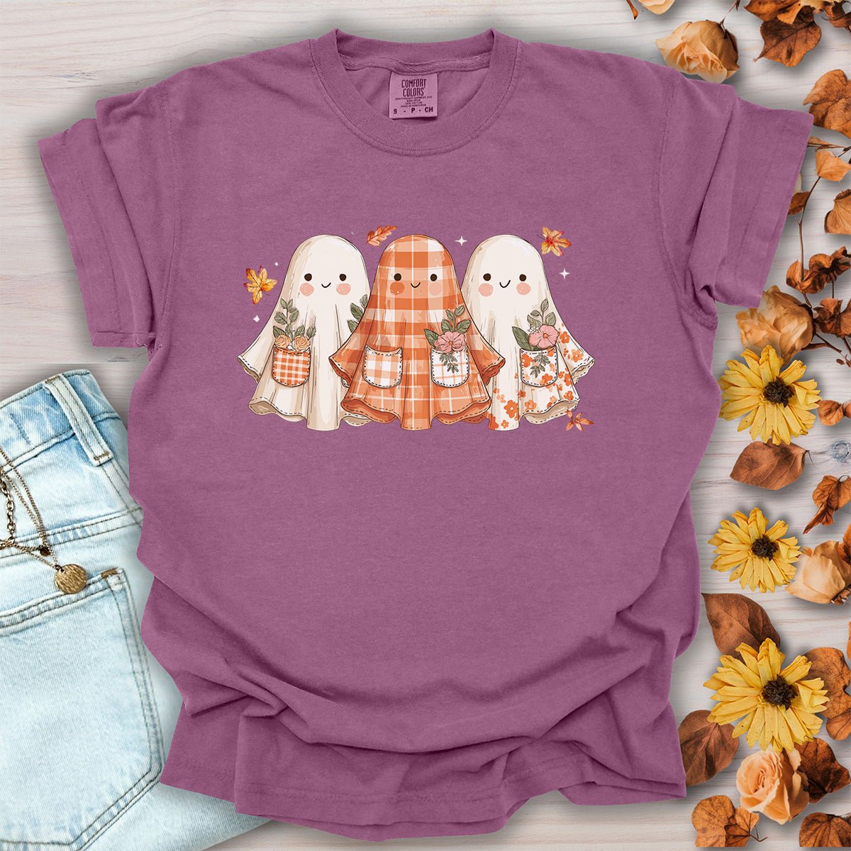 Plaid & Floral Halloween Ghosts T-Shirt