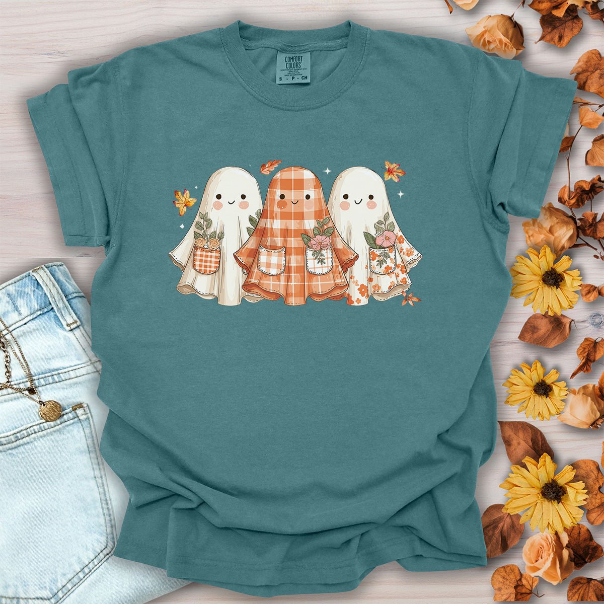 Plaid & Floral Halloween Ghosts T-Shirt