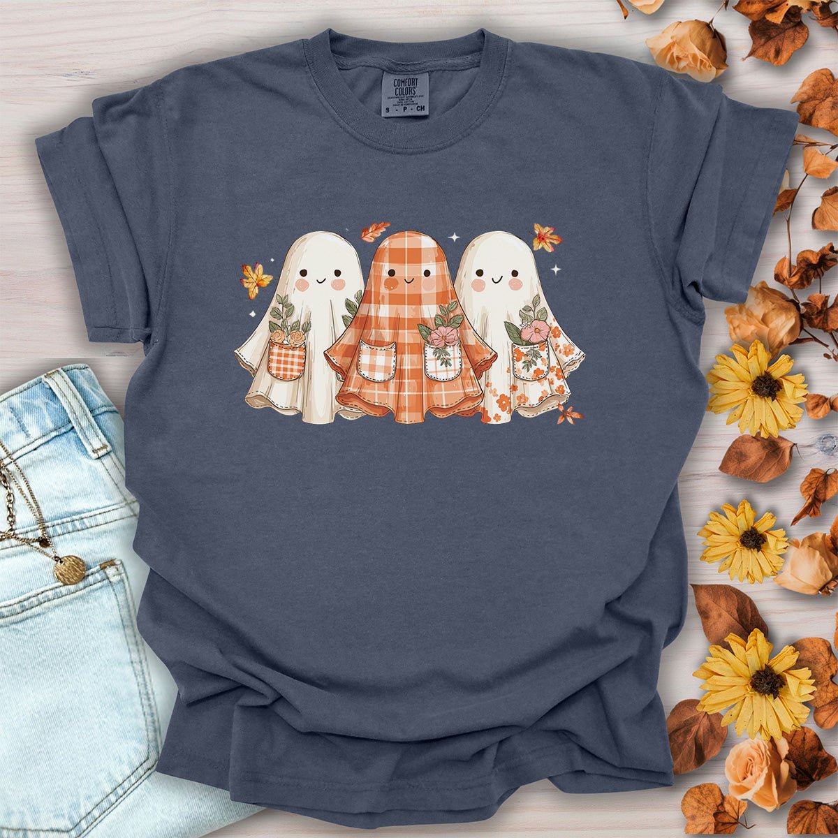 Plaid & Floral Halloween Ghosts T-Shirt