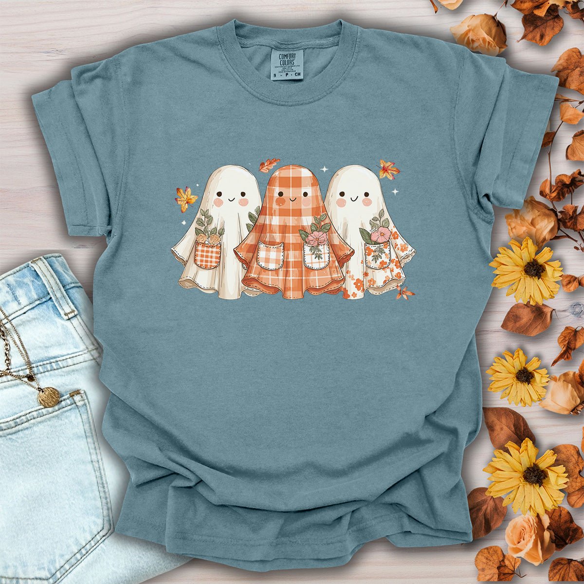 Plaid & Floral Halloween Ghosts T-Shirt