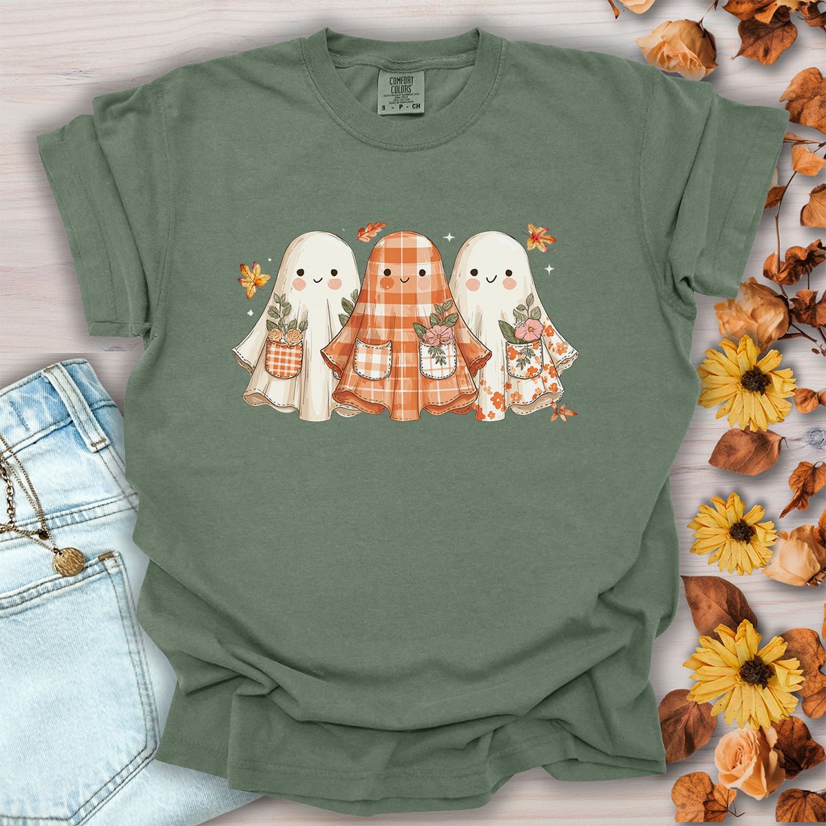 Plaid & Floral Halloween Ghosts T-Shirt