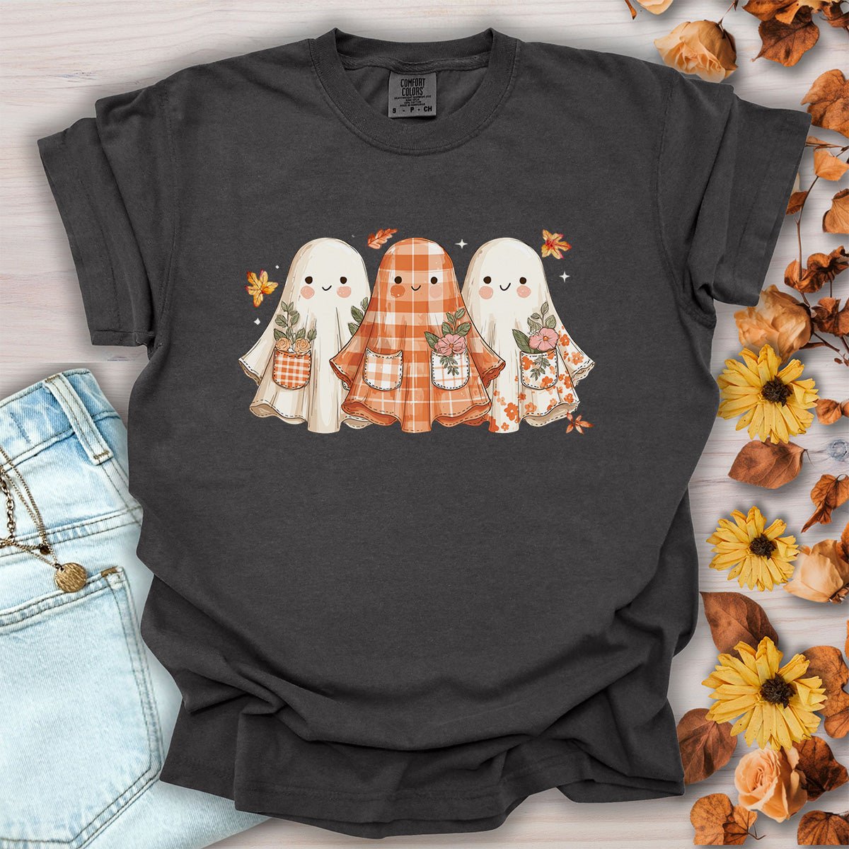 Plaid & Floral Halloween Ghosts T-Shirt