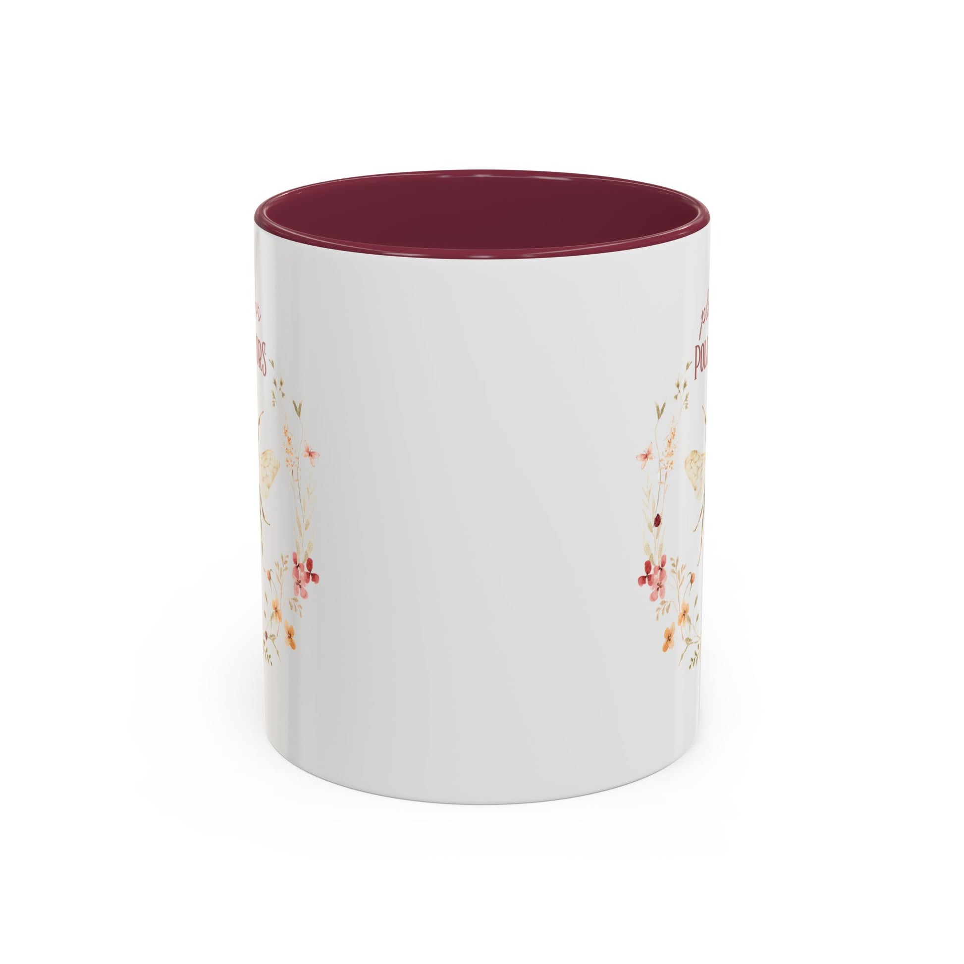 White ceramic mug with a burgundy interior and handle, featuring a watercolor bee and floral wreath.