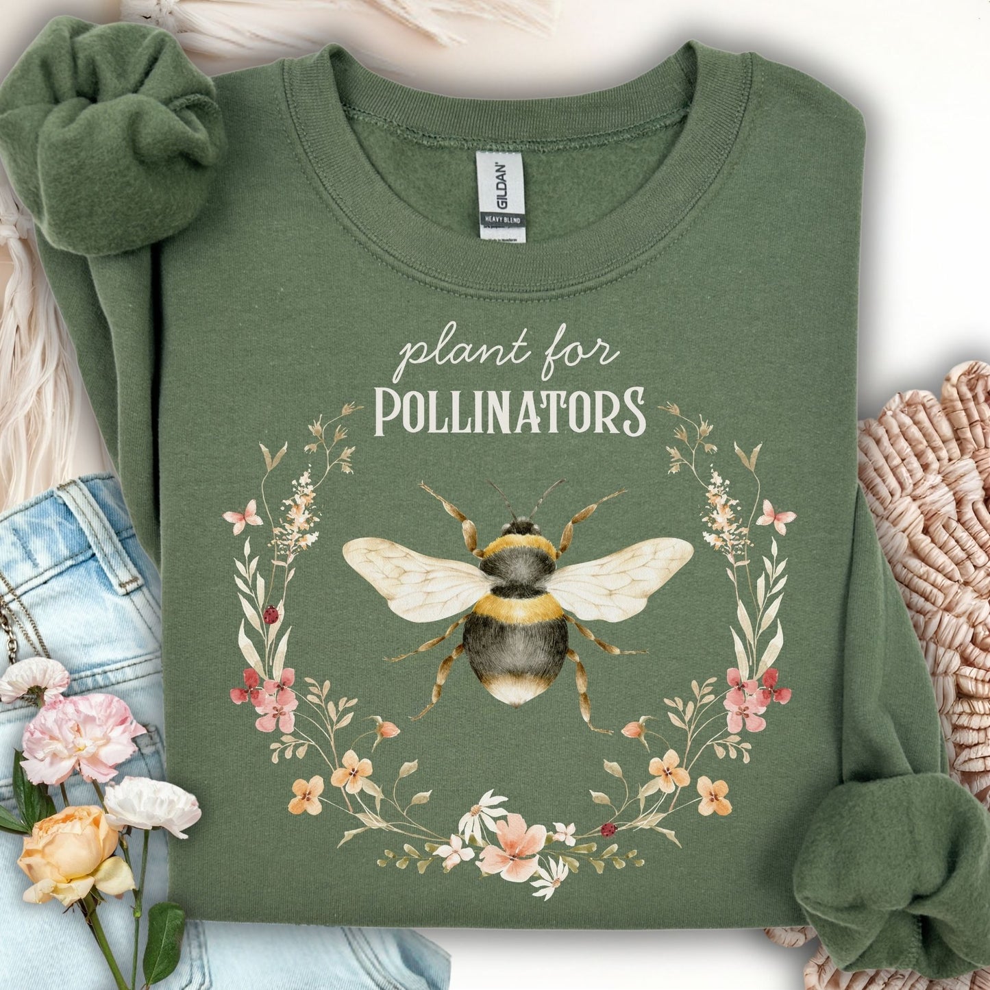 Military Green Plant for Pollinators Honey Bee Sweatshirt with watercolor wildflowers.