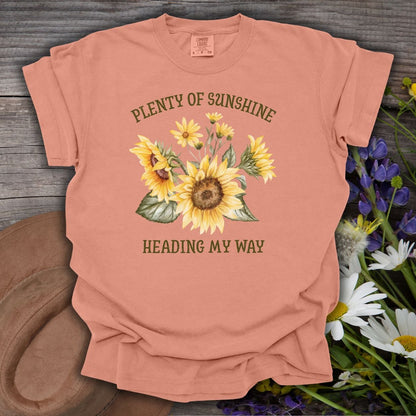 Terracotta Plenty of Sunshine Sunflower T-Shirt, relaxed-fit, garment-dyed, with rustic floral design.