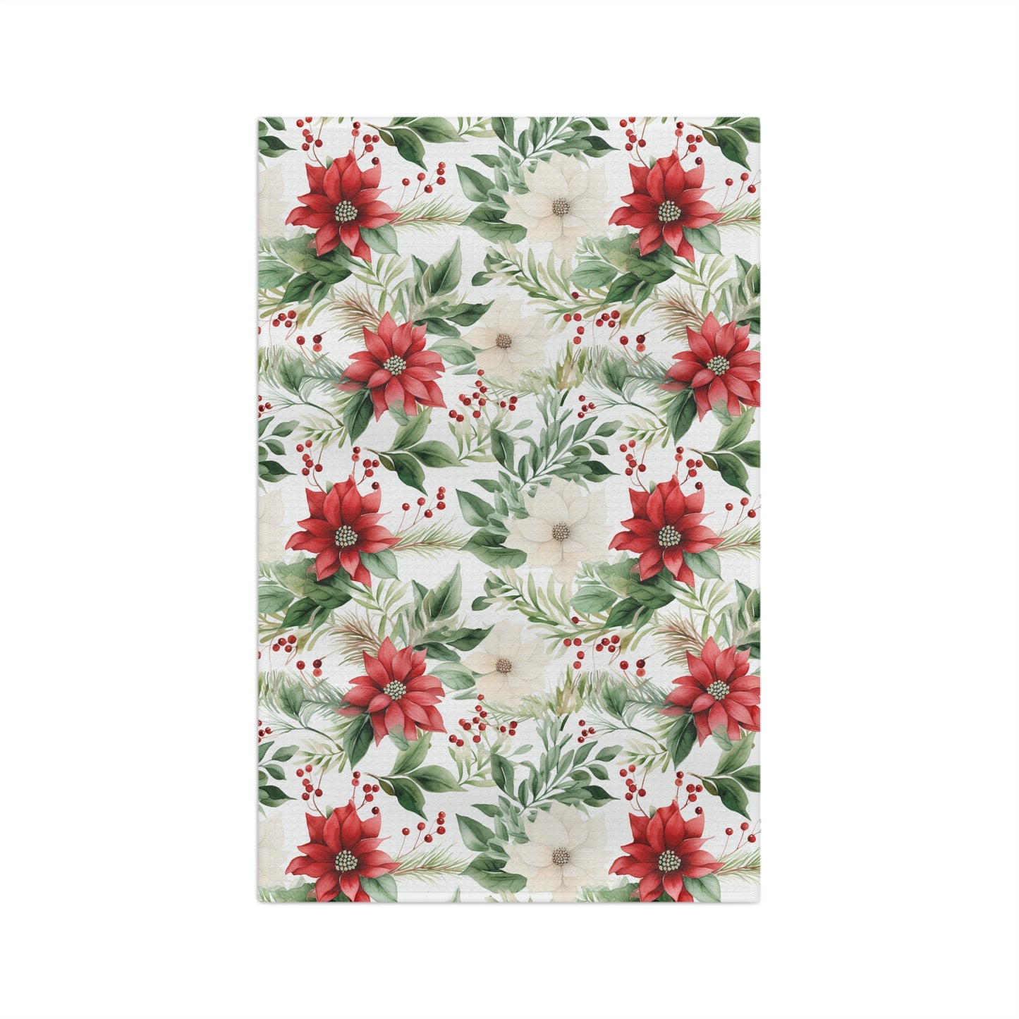 Microfiber tea towel with a vibrant watercolor poinsettia, cream bloom, and berry holiday pattern.