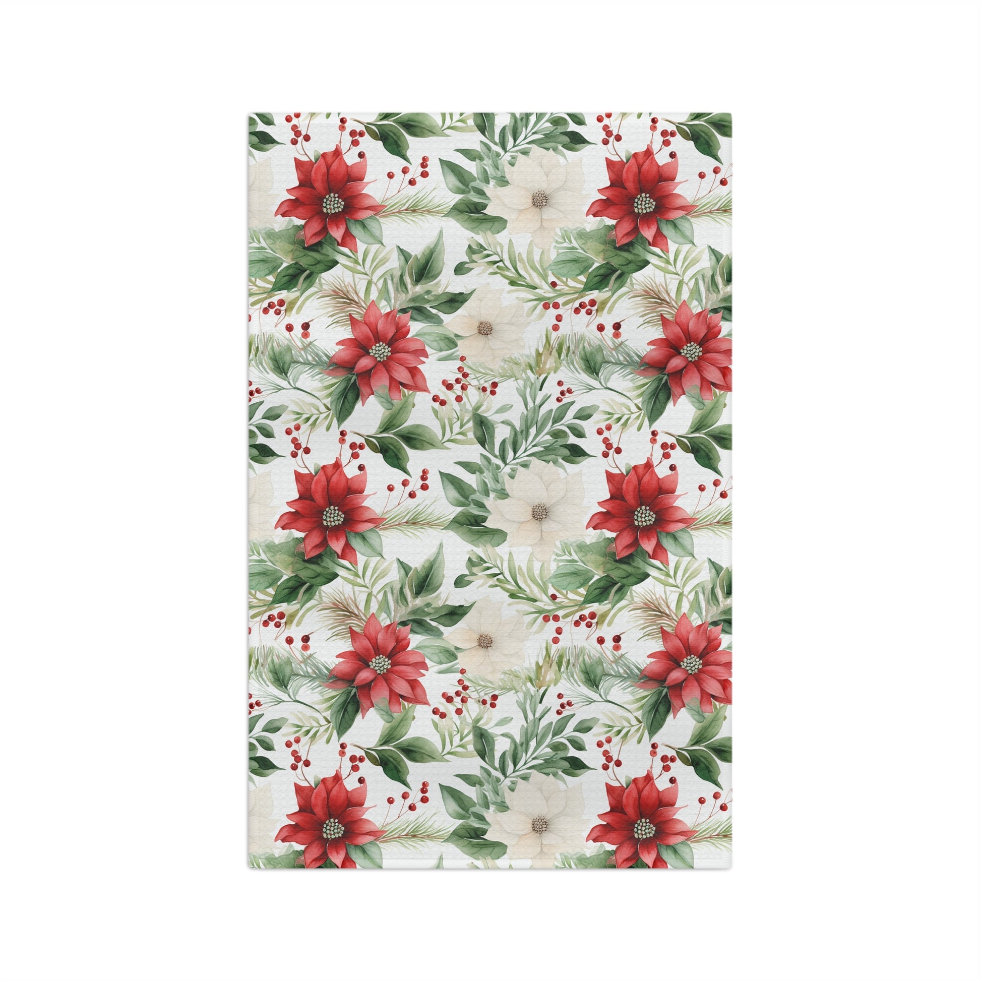 Microfiber tea towel with a vibrant watercolor poinsettia, cream bloom, and berry holiday pattern.