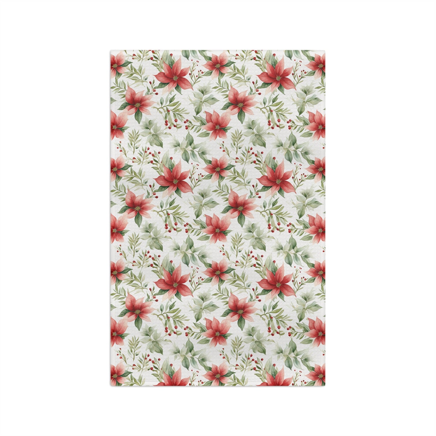 Watercolor poinsettia microfiber tea towel with red flowers, green leaves, and berries.