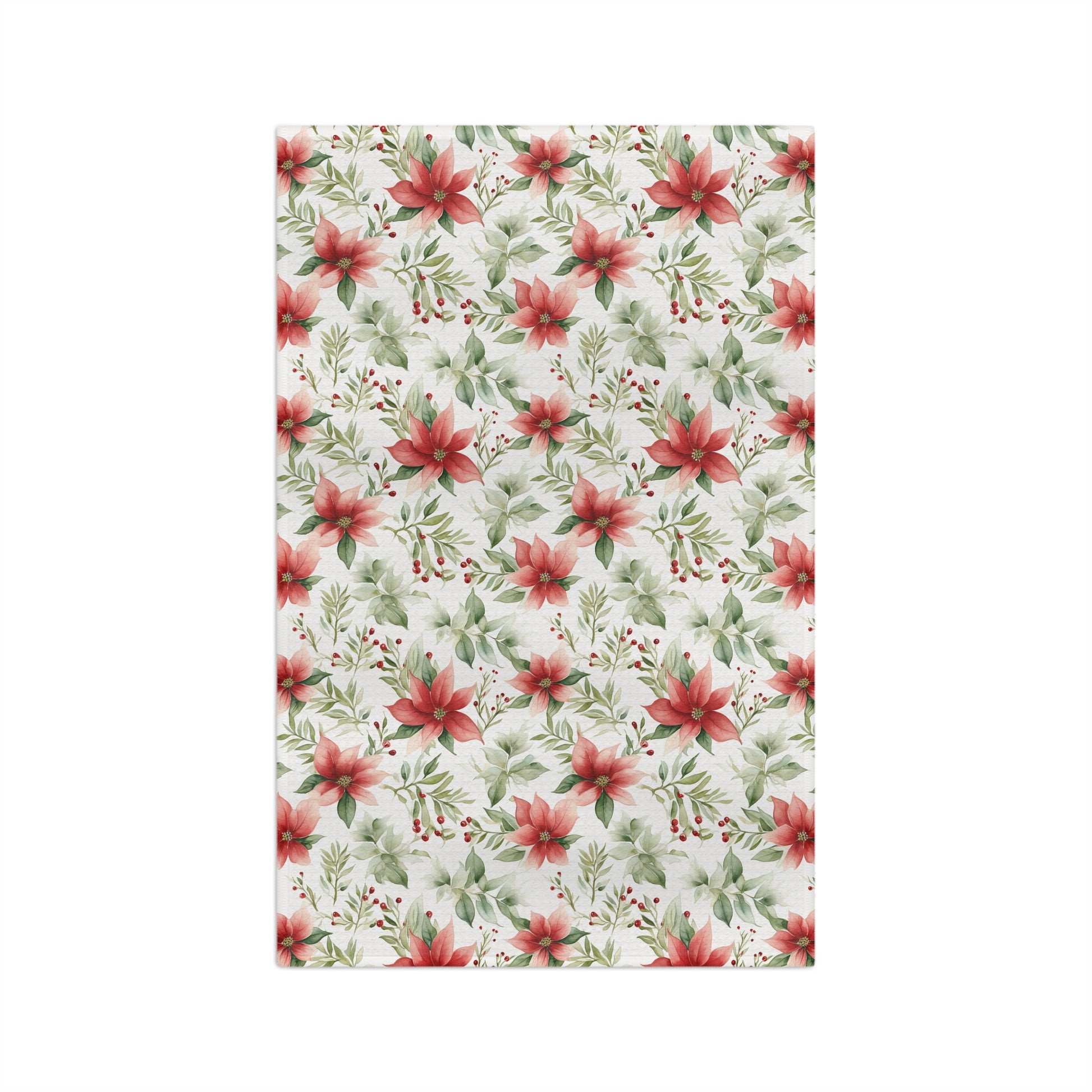 Watercolor poinsettia microfiber tea towel with red flowers, green leaves, and berries.