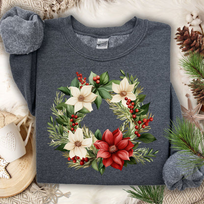 Dark Heather Gildan crewneck sweatshirt, size S, with a watercolor poinsettia wreath design.