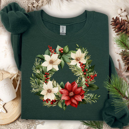 Forest Green Gildan crewneck sweatshirt with a watercolor poinsettia wreath design.