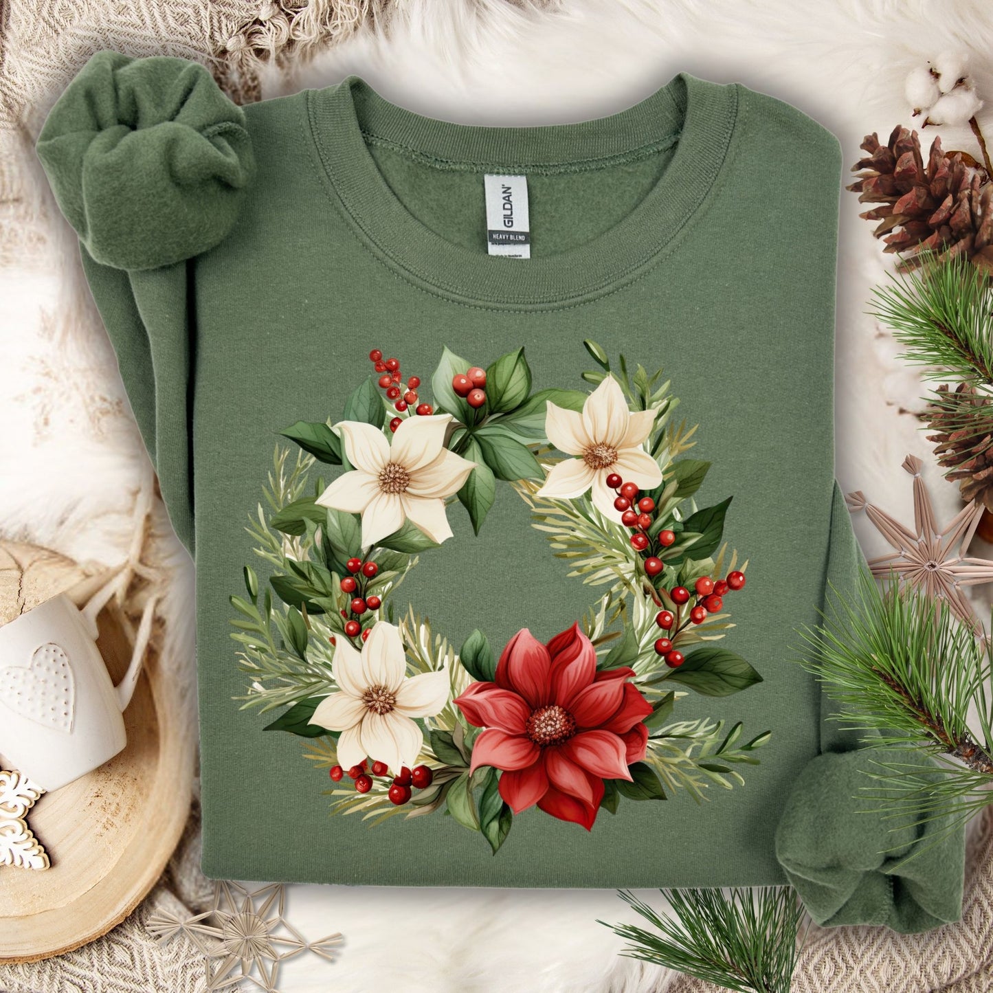 Military Green Gildan crewneck sweatshirt with a watercolor poinsettia wreath design.