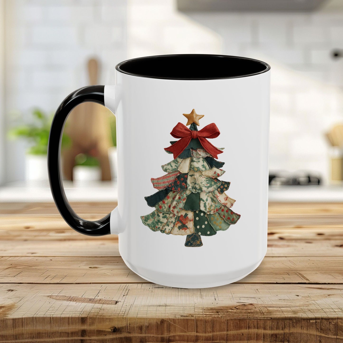 White ceramic mug with black handle and interior, featuring a preppy patchwork Christmas tree design.