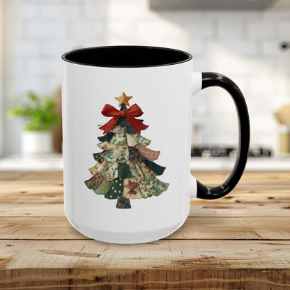 15oz ceramic mug with a preppy patchwork Christmas tree design, black handle and interior.