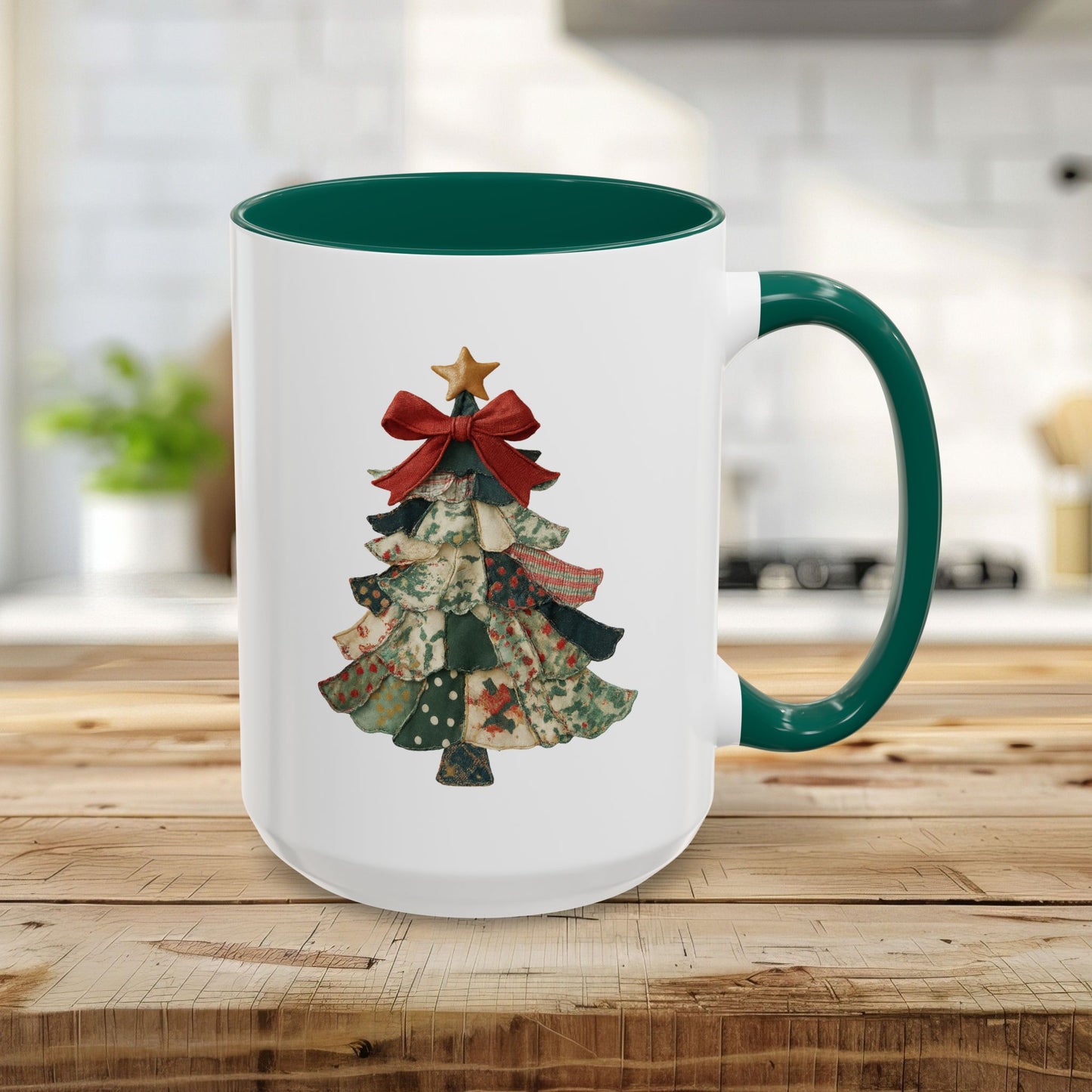 15oz white ceramic mug with green handle and interior, featuring a patchwork Christmas tree design.