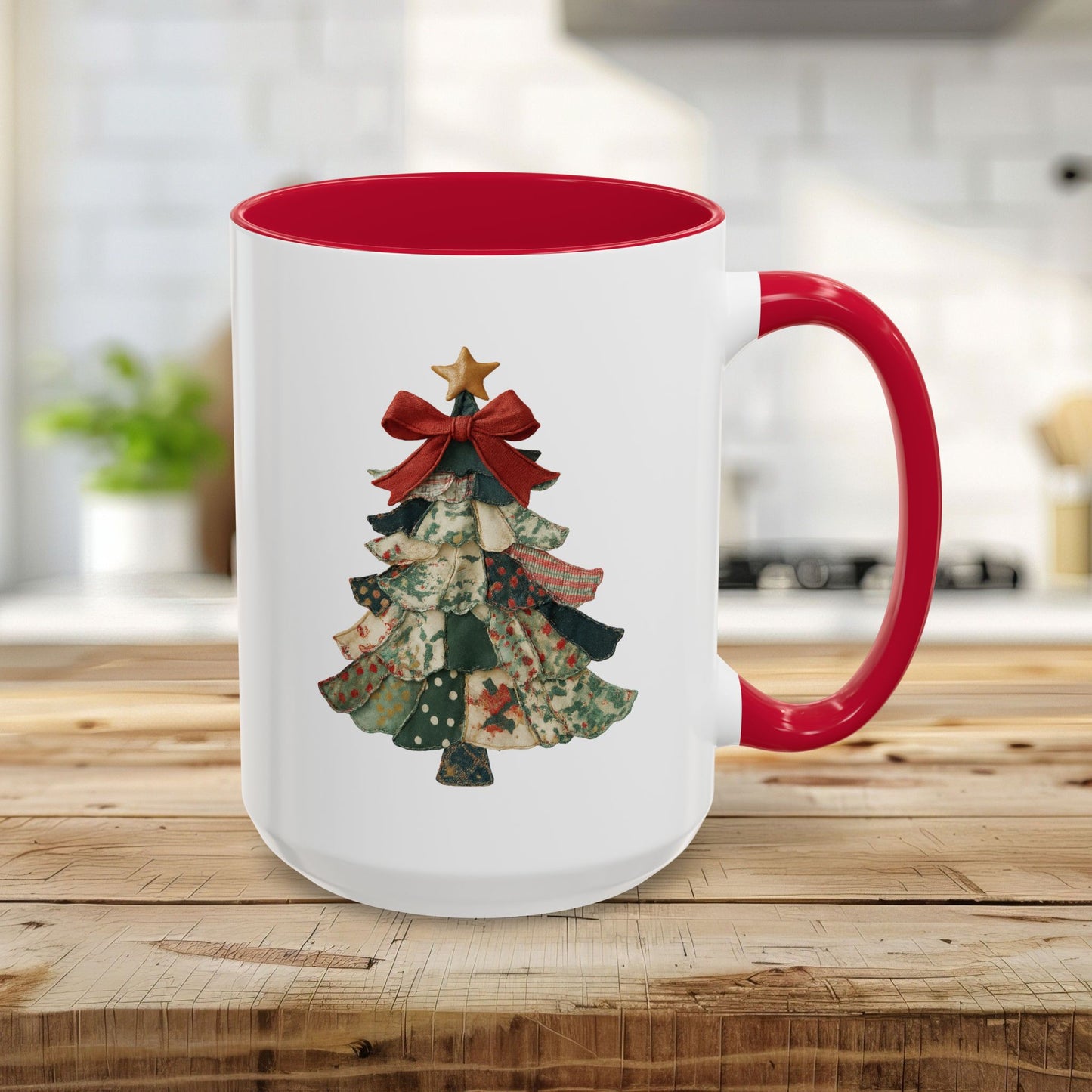 15oz white ceramic mug with red interior/handle, featuring a preppy patchwork Christmas tree design.