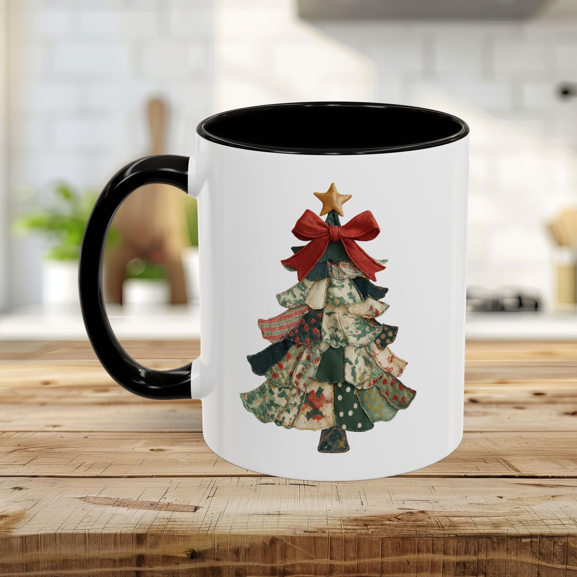 White ceramic mug with black handle and interior, featuring a preppy patchwork Christmas tree design.