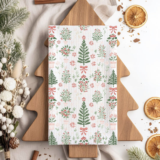 Pretty Christmas Tree & Plants Microfiber Tea Towel