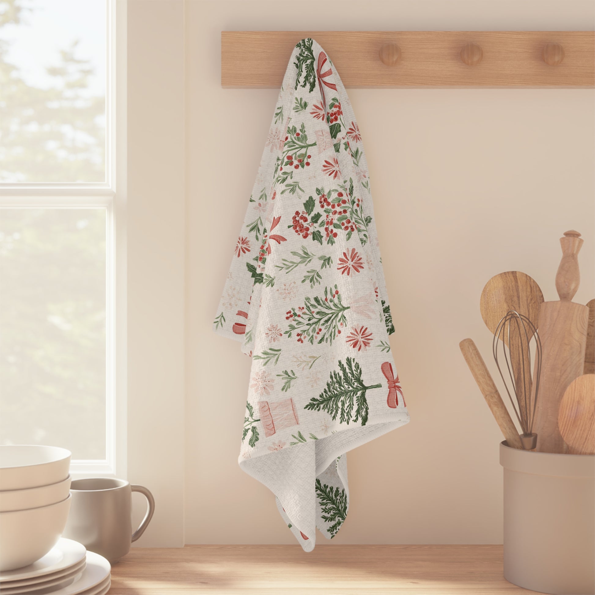 White microfiber tea towel with vintage Christmas tree, holly, and ribbon botanical print, hanging on a wooden peg.