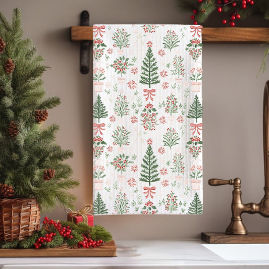 Pretty Christmas Tree & Plants Microfiber Tea Towel
