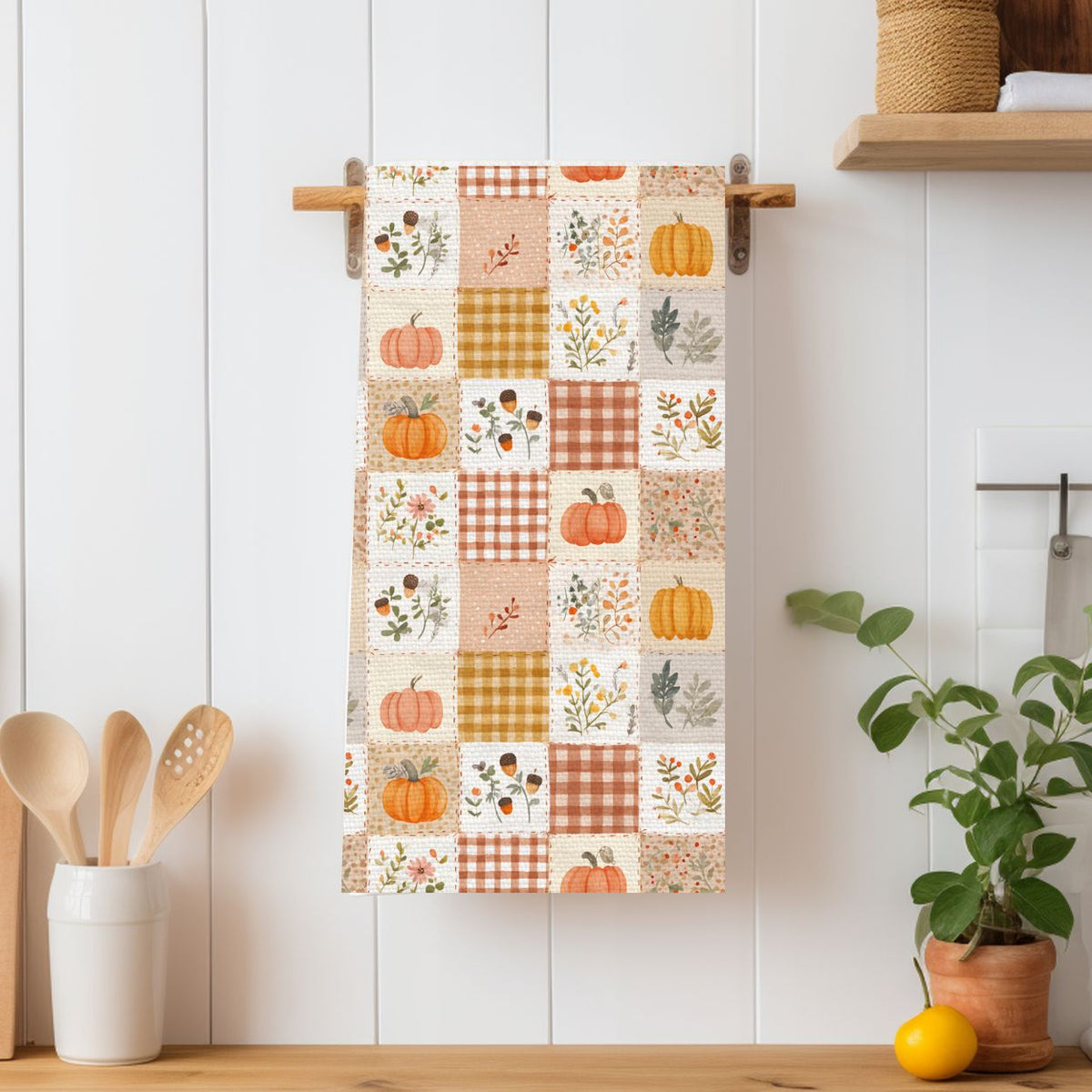 Pumpkin & Floral Gingham Fall Tea Towel